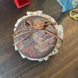 Vintage Trinket or Jewelry Box, Floral Tapestry Lid Tied With Ribbon